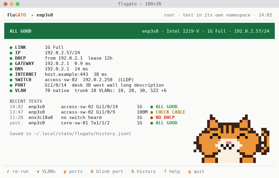 The dashboard: a green ALL GOOD banner, nine green rows from LINK to VLAN, a list of recent tests and the cat in the corner.