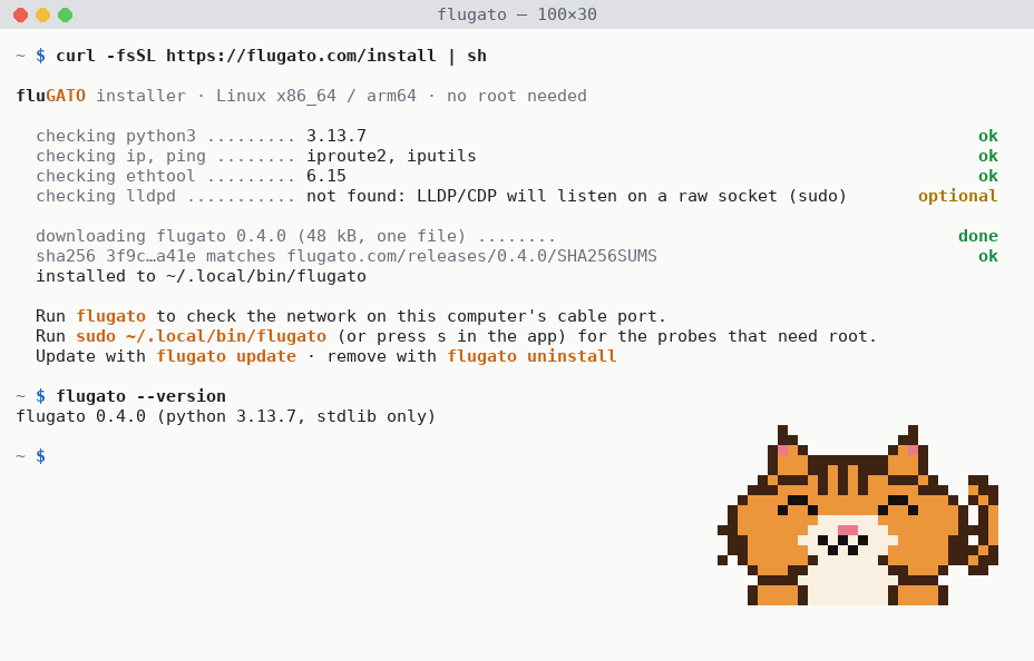 The installer in a terminal: it checks python3, iproute2 and ethtool, downloads one file, verifies its checksum and installs it to ~/.local/bin.