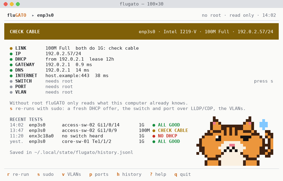 The dashboard without root: an amber CHECK WARNINGS banner, the link row warning that both ends do gigabit, and the switch rows saying needs root.